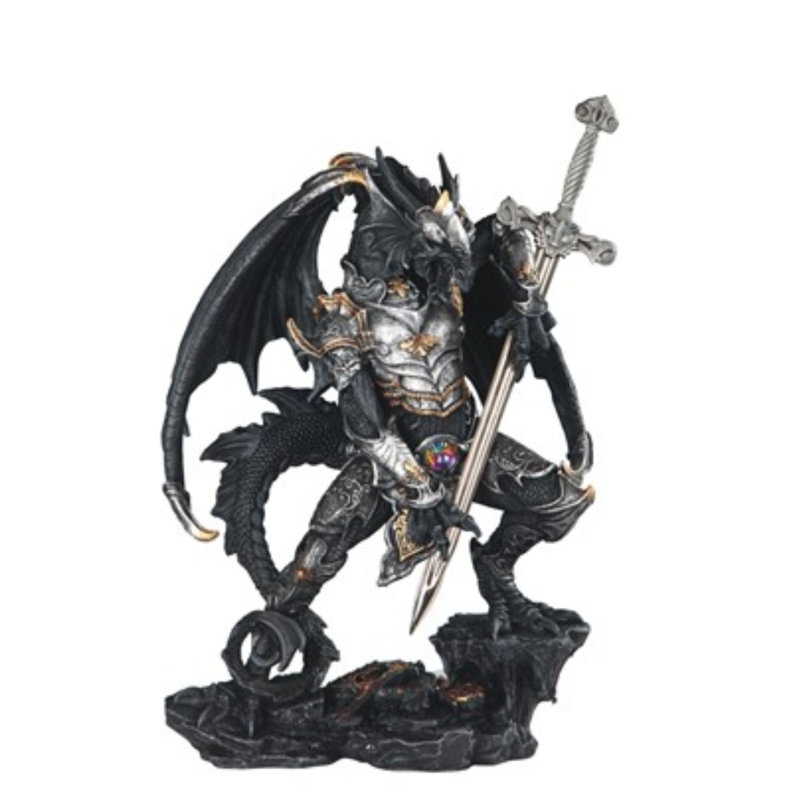 Dragon with Armour and Sword Figurine, Black/Silver, 12" H x 6" W x 4" D