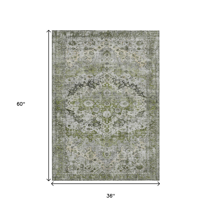 Tapis intérieur/extérieur lavable, 90 x 150 cm, motif floral vert artichaut, gris et argent.