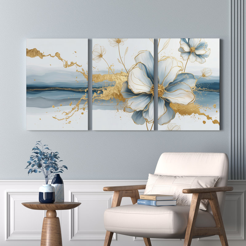 Tableau abstrait floral avec éclaboussures dorées sur toile (paquet de 3), H 18 po x l 36 po