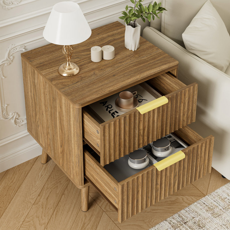 Table de chevet cannelée à profil courbé, table de bout à 2 tiroirs, table de chevet pour chambre à coucher, salon, Noyer