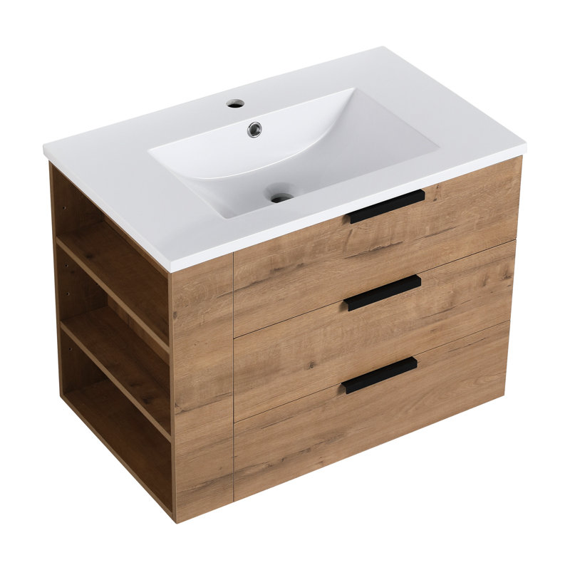 Meuble-lavabo de 30 po - élément imitation chêne, 3 tiroirs, lavabo en résine, poignée, tablette latérale réglable pour armoire moderne avec couleur supérieure, fermeture en douceur