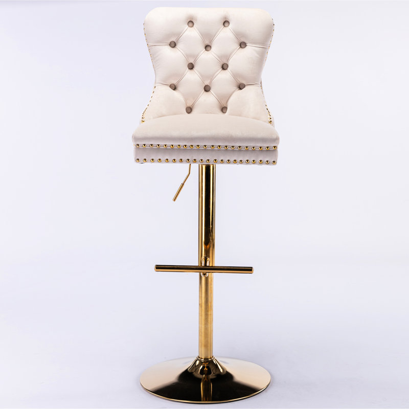 Tabourets de bar rembourrés modernes (lot de 2) - Beige, hauteur réglable de 68 à 89 cm, pivotants dorés, revêtement en velours pour la maison, le pub et la cuisine avec dossier confortable.