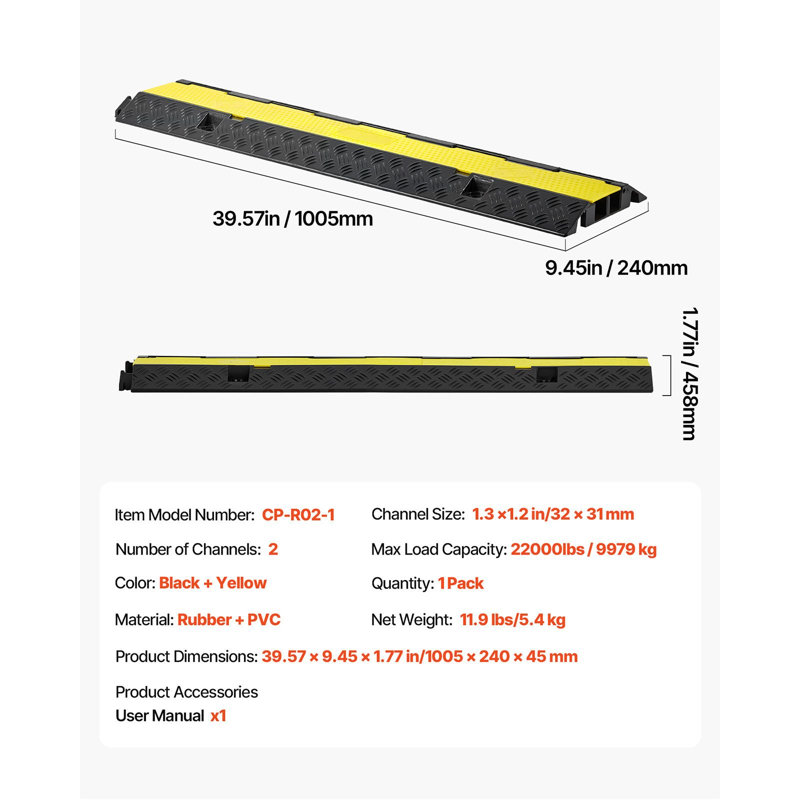Rampe de protection de câble, capacité de charge de 22 000 lb / essieu, matériau en caoutchouc, paquet de 1, couvercle de cordon robuste à 2 canaux, noir, canal 1,3 x 1,2 po avec couvercle supérieur rabattable