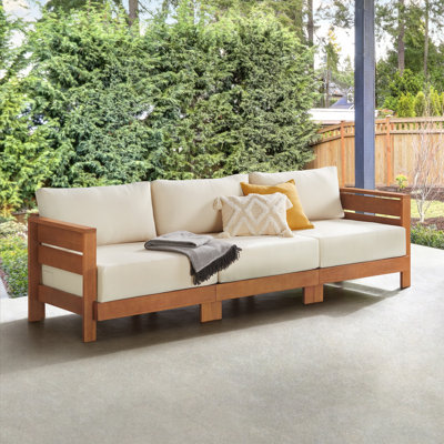 Azalene 100"W Wood Patio Outdoor 3 Person Love Seat With Deep Weather Stain Fade Resistant Cushions by Wade Logan