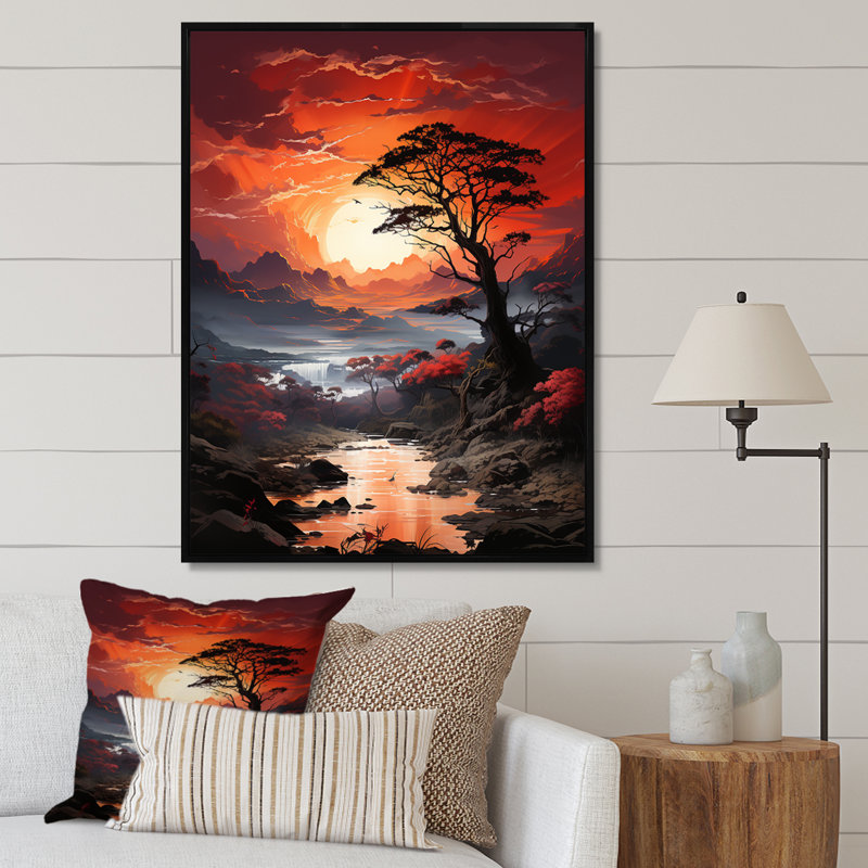 «Pine Tree Crimson Serenade I», reproduction sur toile, H 44 po x l 34 po x P 1,5 po, Cadre flottant noir