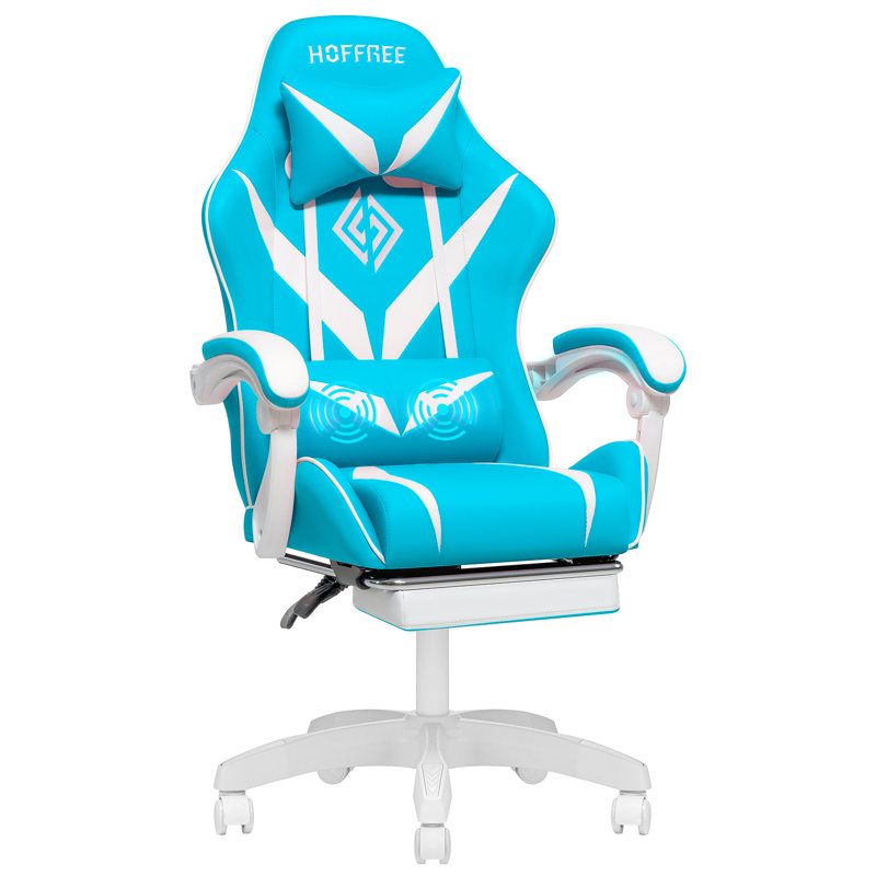 Fauteuil de jeu ergonomique avec inclinaison 135 ° pour jeunes Hoffree PC & Racing, Bleu sarcelle / blanc