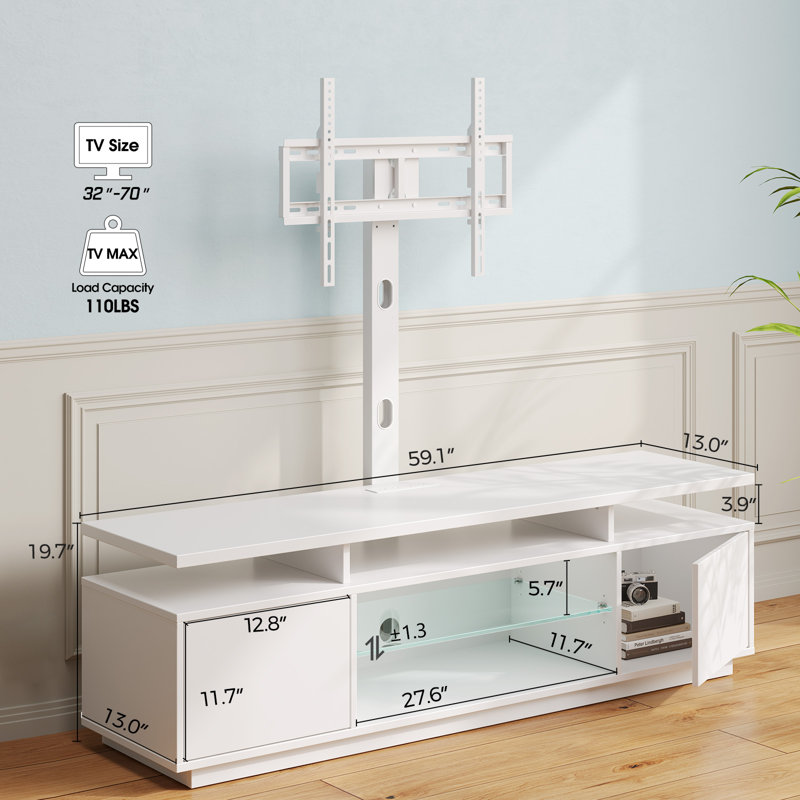 Kappenne Adjustable TV Stand for TVs up to 70" with 2 Storage Cabinets and RGB LED Lights, White, 59.1"