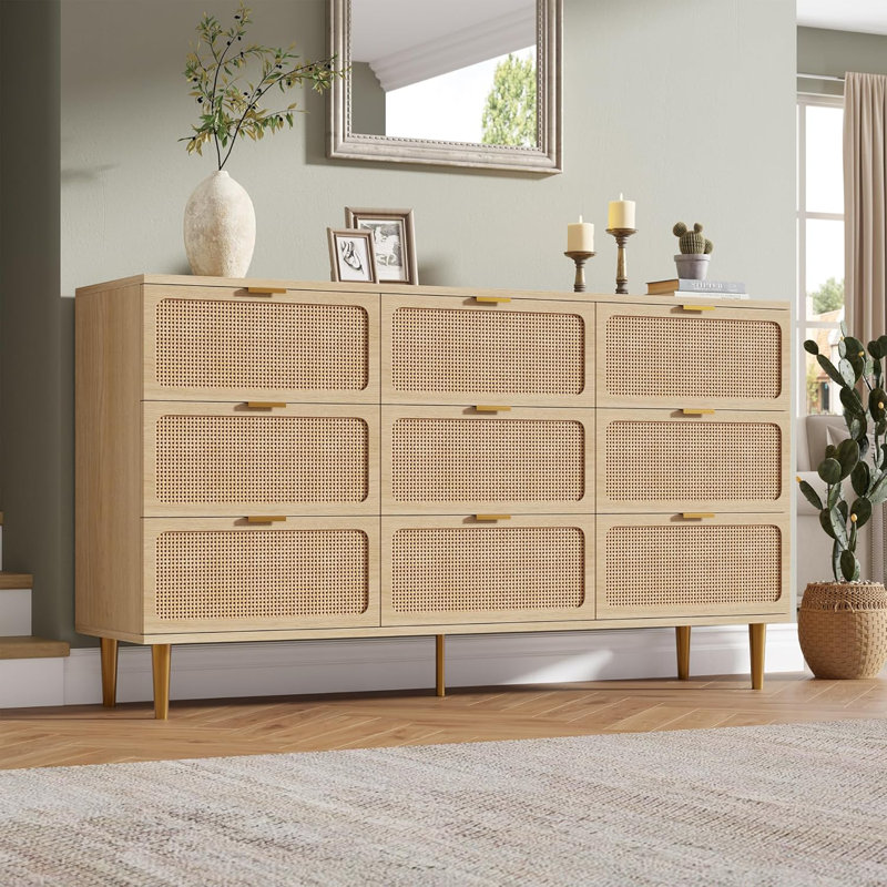 Rattan 9 Drawer Dressers for Bedroom, Tall Dresser with Deep Drawers, Ivory