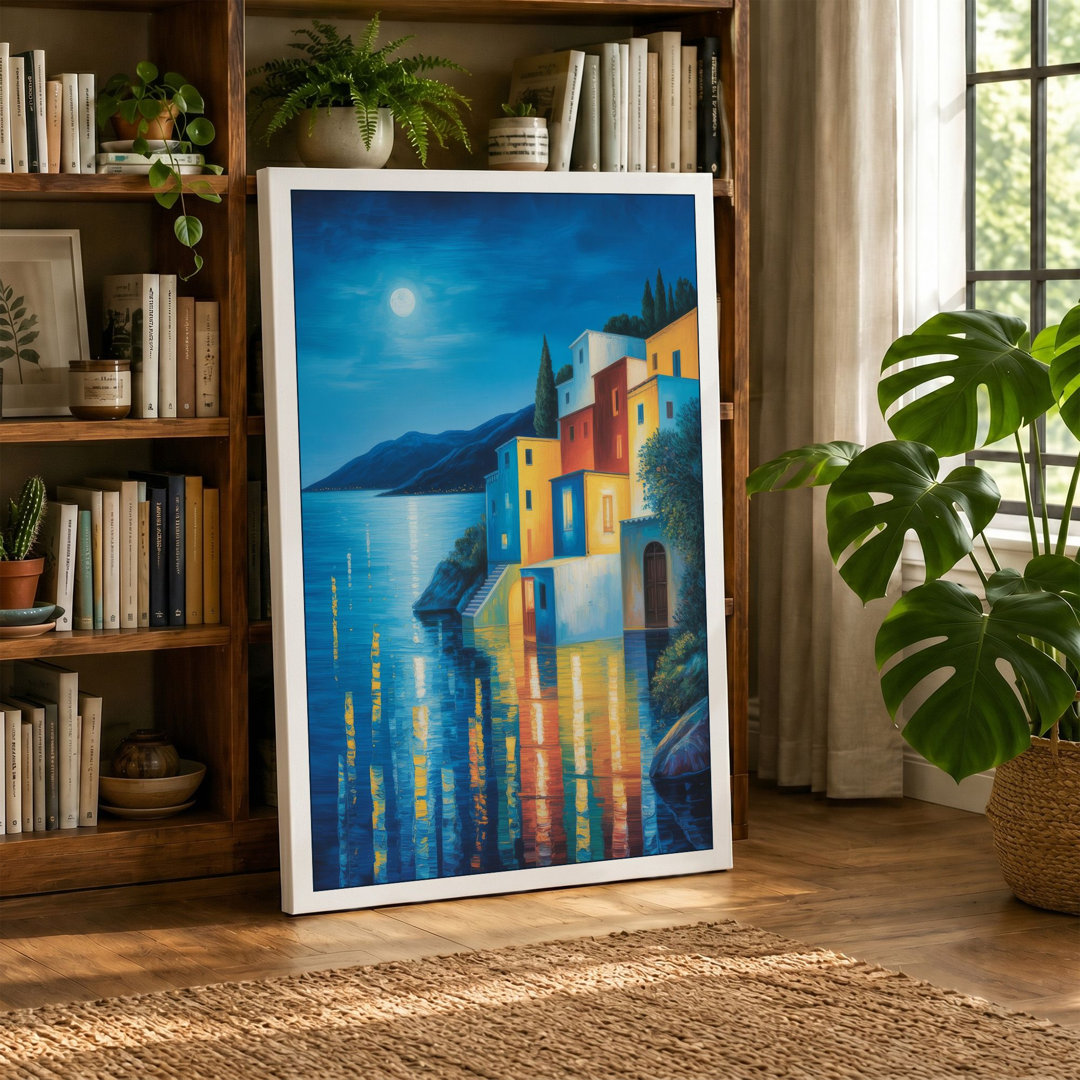 Moonlit Mediterranean Harbor Coastal - Wrapped Canvas