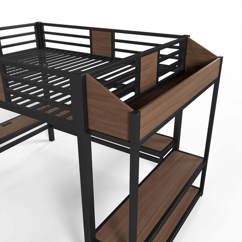 Lit mezzanine Queen avec bureau intégré en forme de L, étagères de rangement et lampes de chargement USB