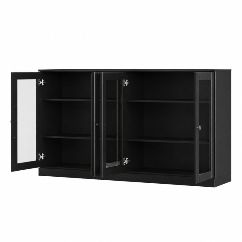 Meuble télé 100% bois massif, console de 64 po de largeur avec portes en verre et rangement, Noir