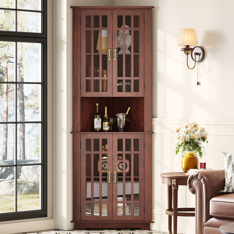 Armoire de rangement de 71 po de hauteur avec 4 portes en verre et 5 tablettes, économiseur d'espace pour la salle de bain, le salon, design Mid Century, noyer rouge