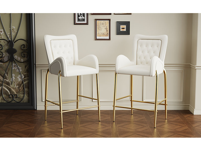 Ensemble de 2 tabourets de bar à hauteur de comptoir 28,75 pouces, tabourets en velours avec pieds et repose-pieds dorés, blanc