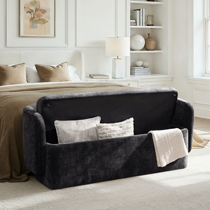 Heidi 61"W Modern Chenille No Assembly Filp-Top Storage Bench with Backrest Seat, Black