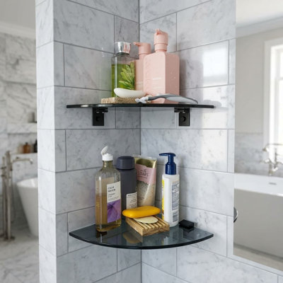 Lot de 2 tablettes de douche en verre noir, fixation murale adhésive sans perçage avec supports en aluminium