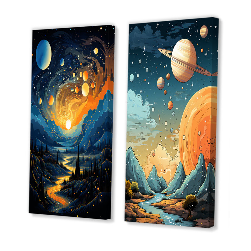 Ensemble de 2 impressions sur planètes bleues et planètes cosmiques bleues et orange, Toile tendue, H 28 po x l 25 po