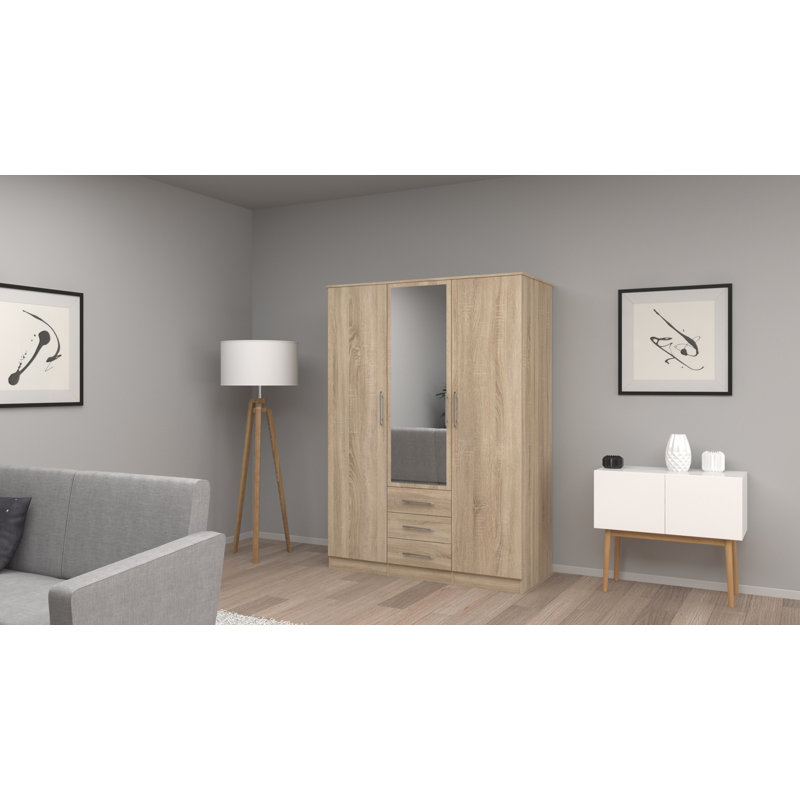 Dzianis 3 Door Manufactured Wood Wardrobe, Oak
