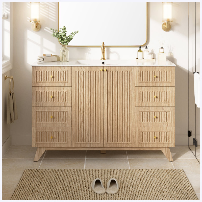 Meuble-lavabo moderne autoportant de 47,56 po avec lavabo simple, comptoir en SMC, armoire de rangement en MDF et portes à fermeture amortie.