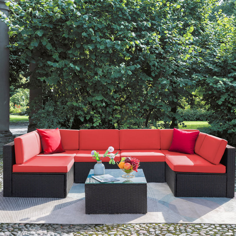 Ensemble de conversation modulaire en rotin 7 pièces avec coussins Bump, Rouge / rouge