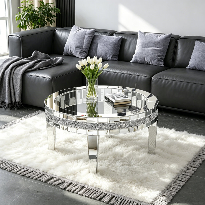Glass Mirrored Four Leg Coffee Table Mirrored Diamonds Inlay Low Coffee Table 90.3x90.3cm