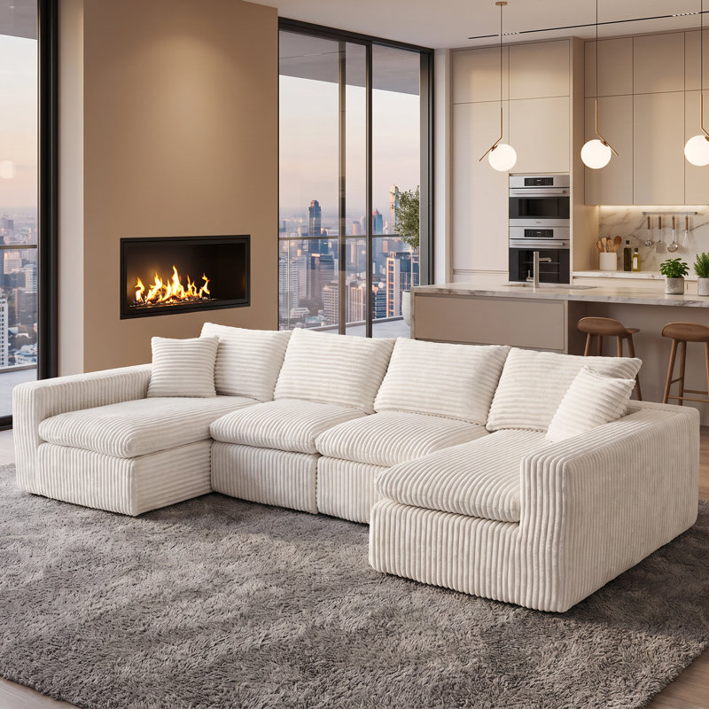 130" Oversized U-Shaped Modular Corduroy Cloud Couch, Plush Compression Sectional Sofa with High-Density Memory Foam, Deep Seat Boneless Sofa, Tool-Free Assembly