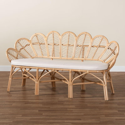 Bali & Pari Eliava Natural Rattan Accent Bench With Removable Cushion – Coastal Boho Style Loveseat With Scalloped Fan Back Design by Bayou Breeze