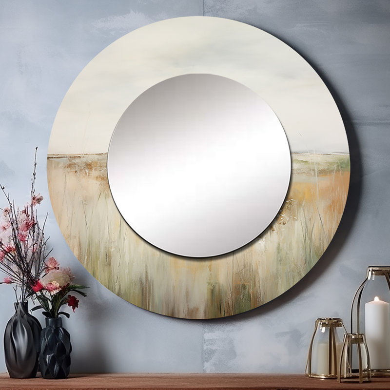 Meadow Grasslands Minimalisme II - miroir décoratif Meadow, miroir mural rond beige, impression d'art en métal, 29 po x 29 po
