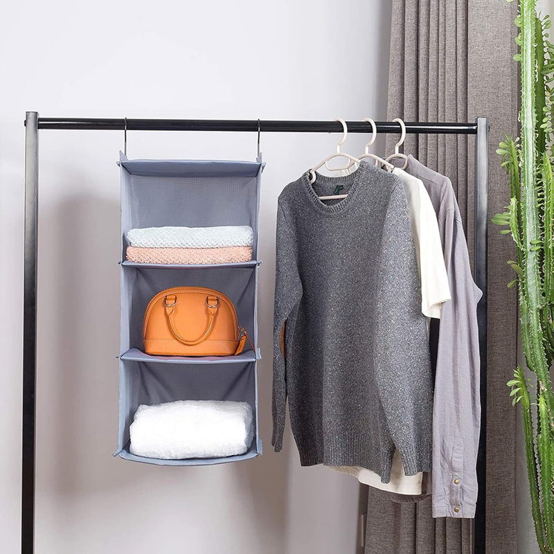 Organisateur de placard suspendu et 3 tablettes de rangement, étagères de rangement pour garde-robe pliables et faciles à monter, sac à vêtements, chaussures, accessoires de rangement, tissu Oxford lavable, gris