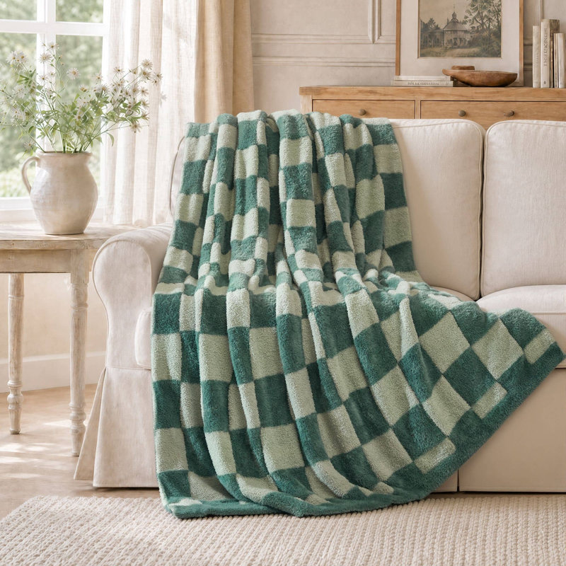 Madison Park Green Checkerboard Feathersoft Fur Knit Throw, Green