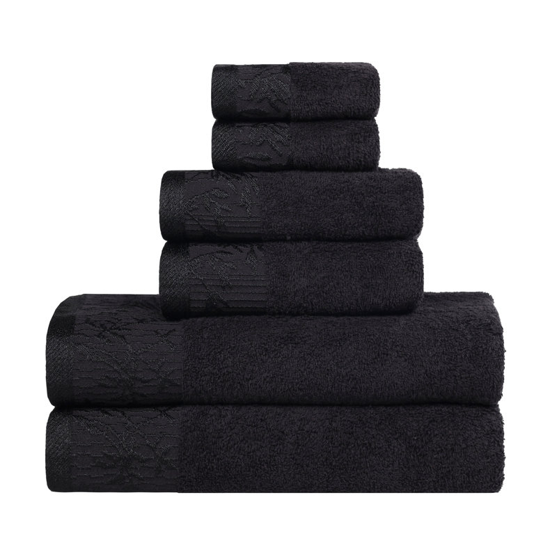 Carinna Cotton Medium Weight Floral Jacquard Border Assorted Bathroom Towel Set, Black/Black, 6 Piece Towel Set