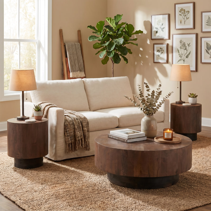 Solid Mango Wood Round Coffee Table, Walnut