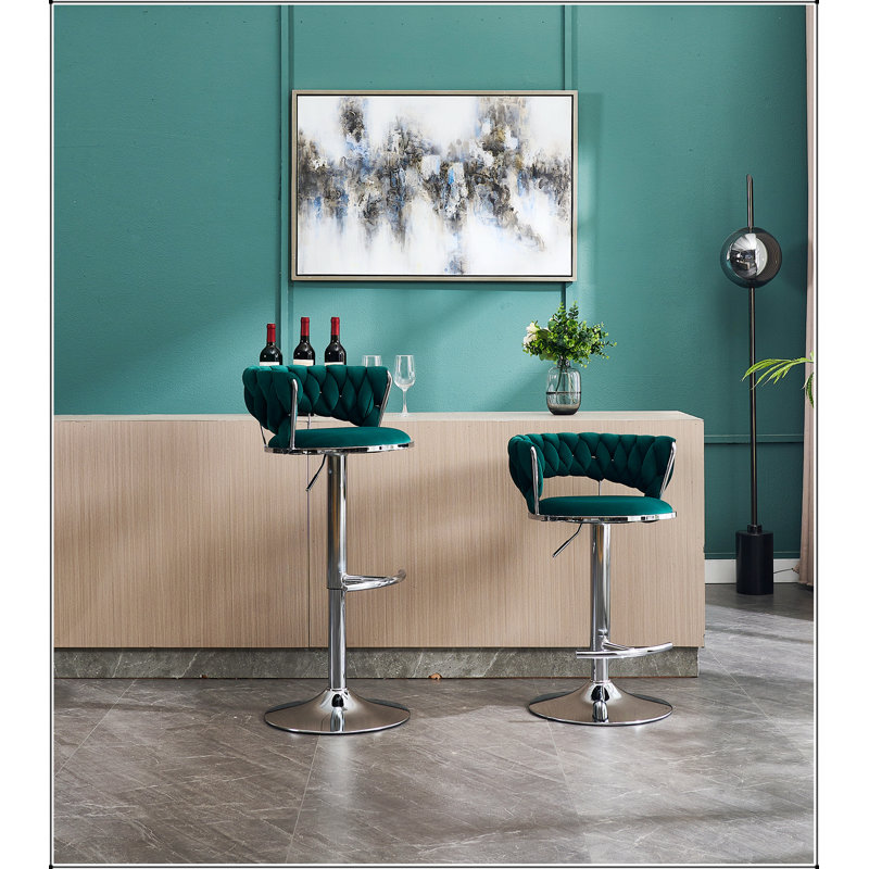 Ensemble de 2 tabourets de bar, avec repose-pieds chromé et base pivotante en velours à hauteur réglable et tabouret de bar simple chromé - Vert