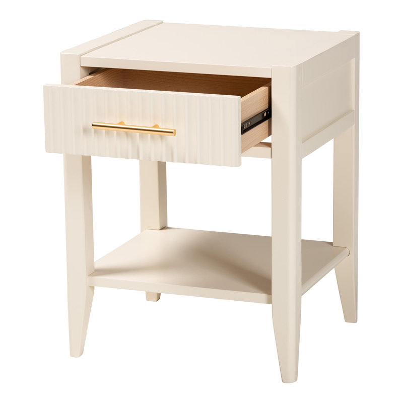 Wooley Mid-Century Fluted Wood 1-Drawer Nightstand, Ivory