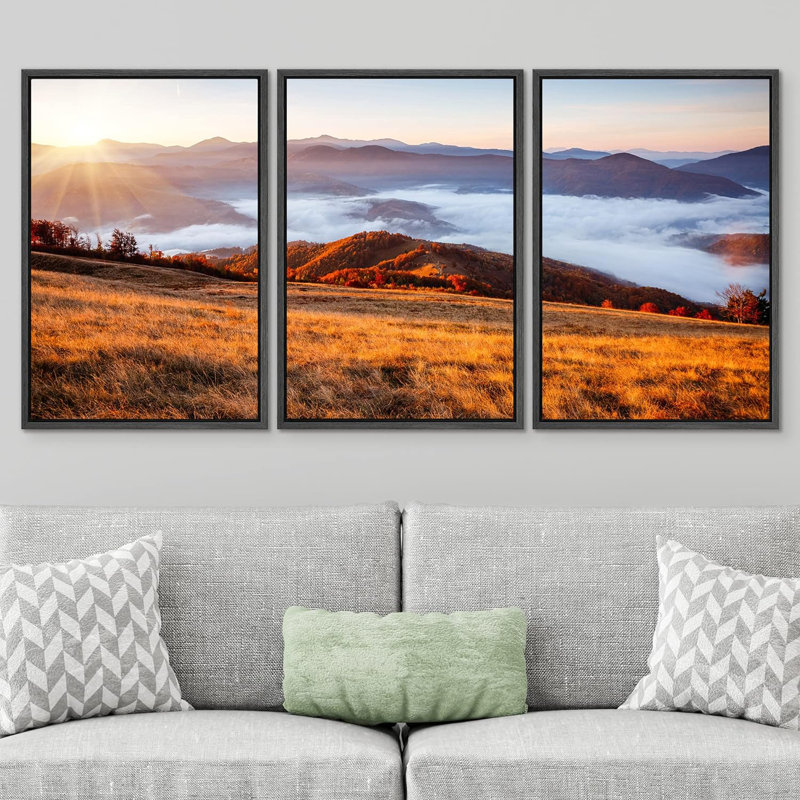 «Autumn Fall Sunset Mountain Range», ensemble de 3 reproductions sur toile flottantes, Cadre noir