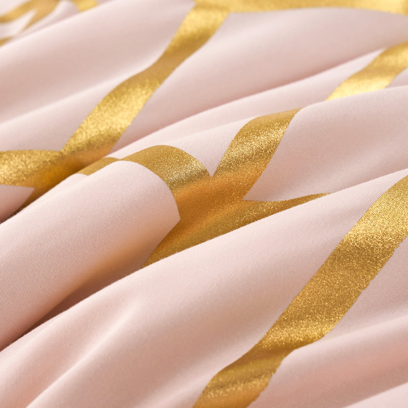  7-Piece King Size Metallic Geometric Comforter Set, Modern Gold Foil Chevron Bedding on Pink, All-Season Microfiber Bed in a Bag with Sheets and Pillow Shams