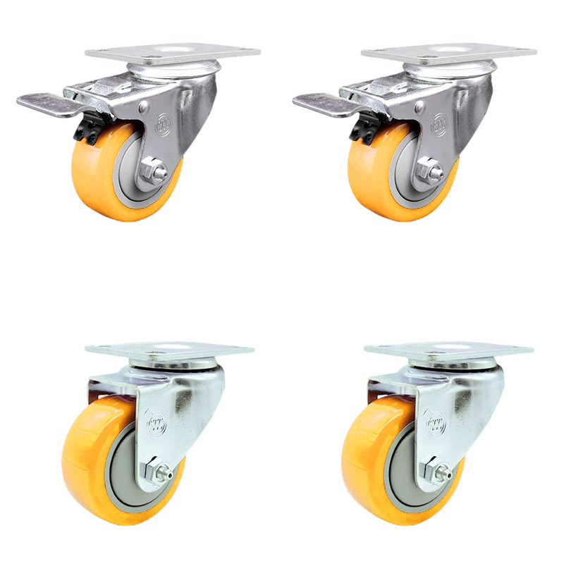 Ensemble de 3 roulettes en polyuréthane 3 pouces avec plateau pivotant et 2 roulettes, Jaune
