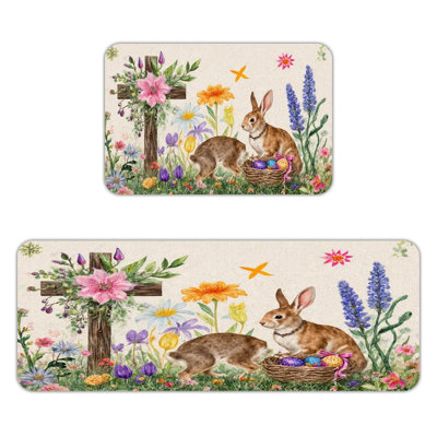 Ensemble de 2 lapins de Pâques avec croix et fleurs, tapis de cuisine