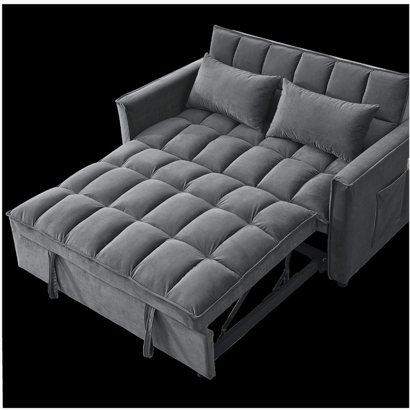 Sleeper Sofa, Convertible Sofa, Recliner, Bed, 3-in-1, 3-Position Adjustable Backrest, 2-Seater Sectional, Two Side Pockets, 2 Pillows for Living Room, Apartment, etc., Velvet Beige 54" Wide.