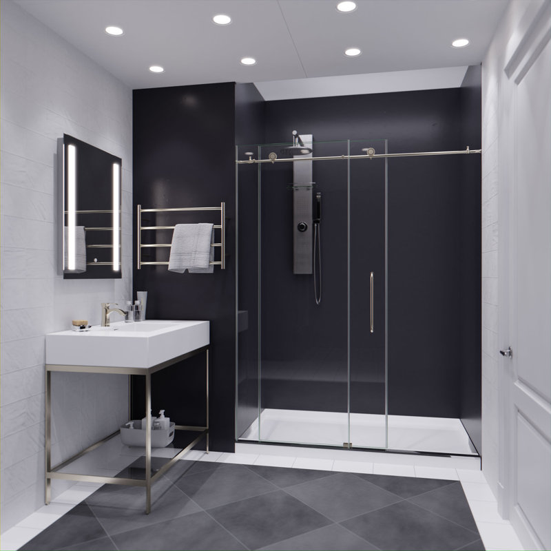 Leon 56"-60" W x 76" H Single Sliding Frameless Shower Door with Tsunami Guard, Brushed Nickel
