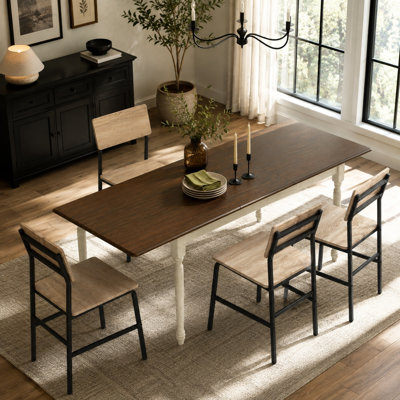 5-Piece Farmhouse Extendable Dining Set, 63" W Dining Table with Antique White Turned Legs and 4 Industrial Dining Chairs