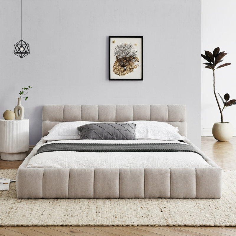 Grand cadre de lit tapissier avec tissu chenille épais, lit plateforme avec tête de lit, aucun sommier requis, beige