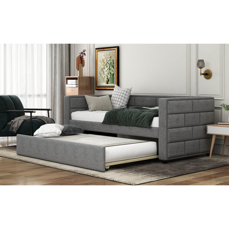 Lit de jour gris simple avec couchette, structure de support rembourrée et rembourrée, pour la maison
