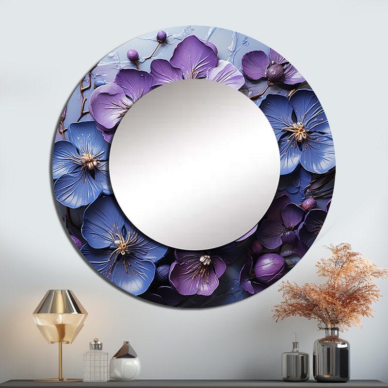 Saranda Royal Elegance - Violets Unique Mirror, Traditional Large Round Wall Mirror, Printed Metal Art, 36" x 36"
