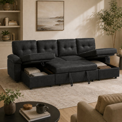 Canapé-lit modulaire convertible en U de 112 po avec canapé-lit, deux rangements, accoudoirs rembourrés et coussins de dossier capitonnés