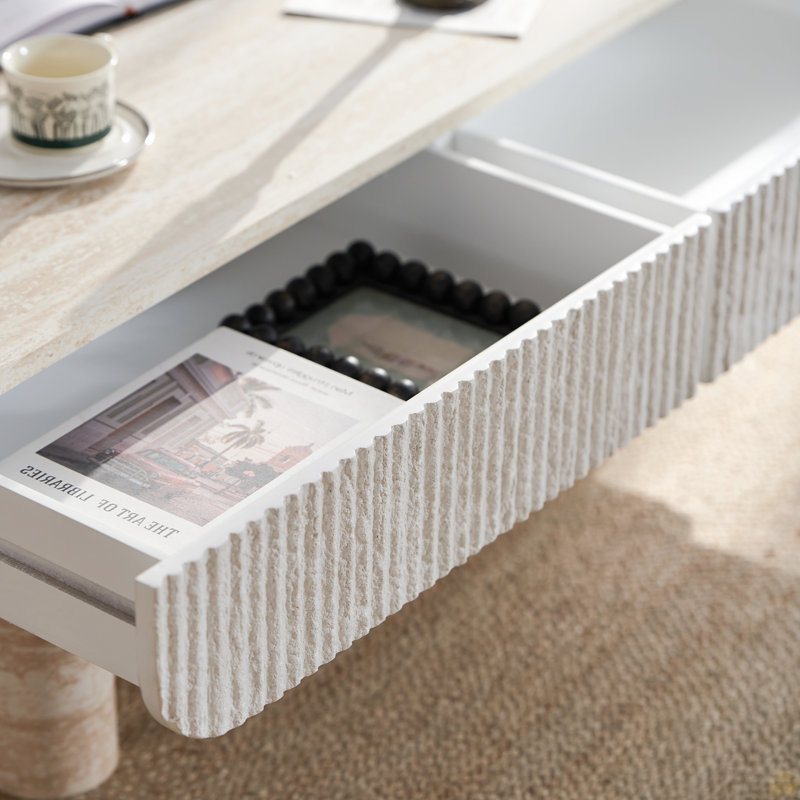 Table basse avec plateau en faux marbre, table basse avec tiroir cannelé, table basse