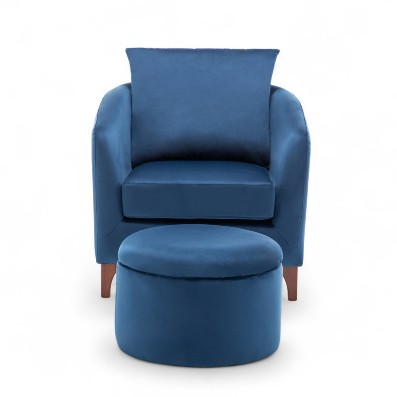 Upholstered Barrel Chair with Footstool, Blue Velvet