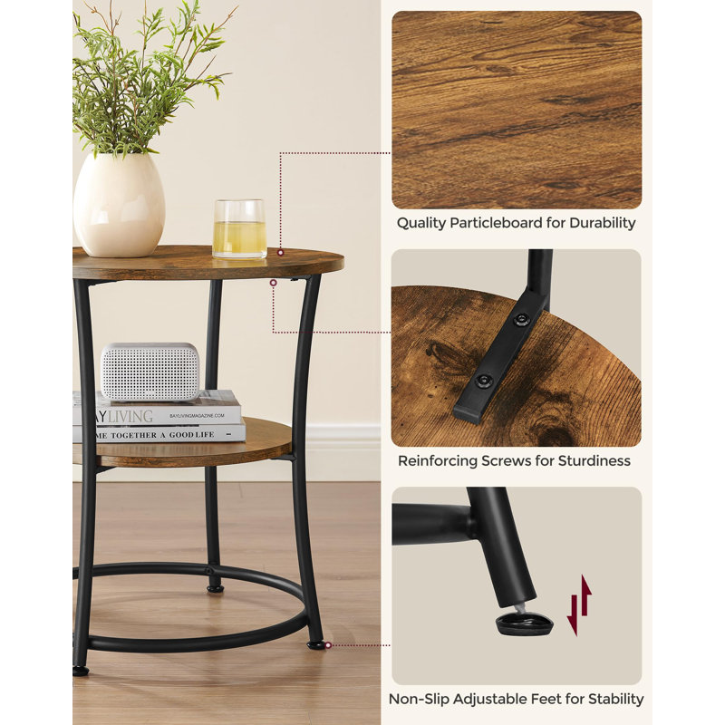Rustic Brown Round Wood and Metal Side Table with Shelves