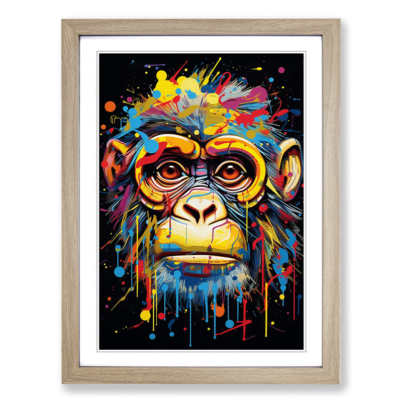 Monkey Abstract - Single Picture Frame Print on Wood, Oak , 46cm H x 34cm W x 2cm D