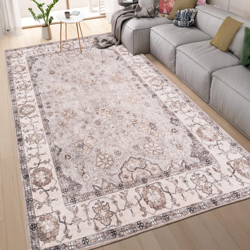 Emric Oriental Cotton Machine Printed Area Rug, Rectangle 160 x 230 cm, Grey 