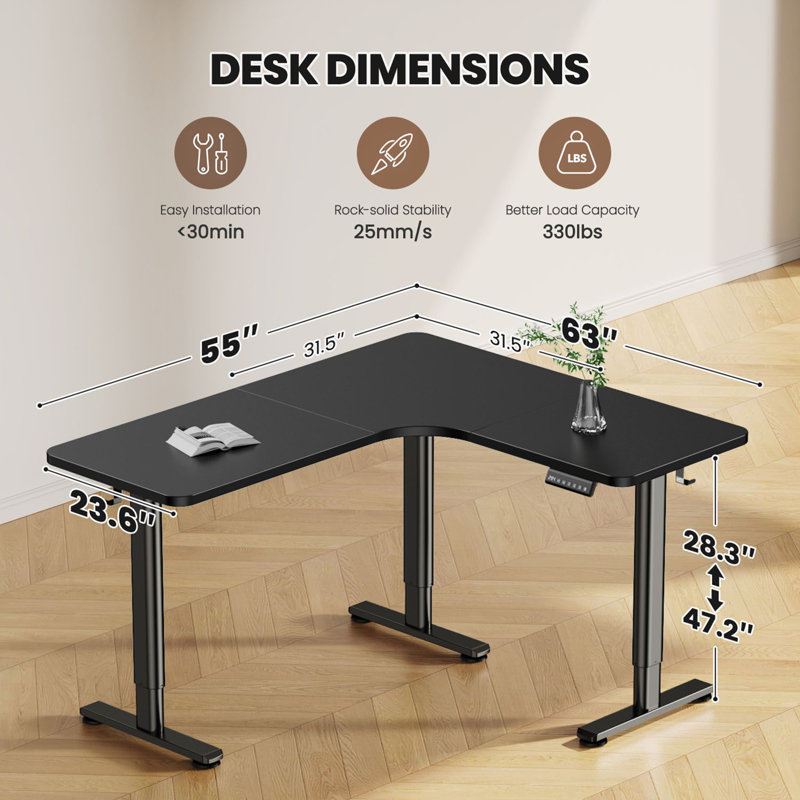 Electric L Shaped Standing Desk Adjustable Height, 63" X 55" Home Office Desk, Black